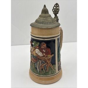 Vintage MCM Lidded Beer Stein Germany Biergarten Pub Men & Women w/ Dog 11" Mug